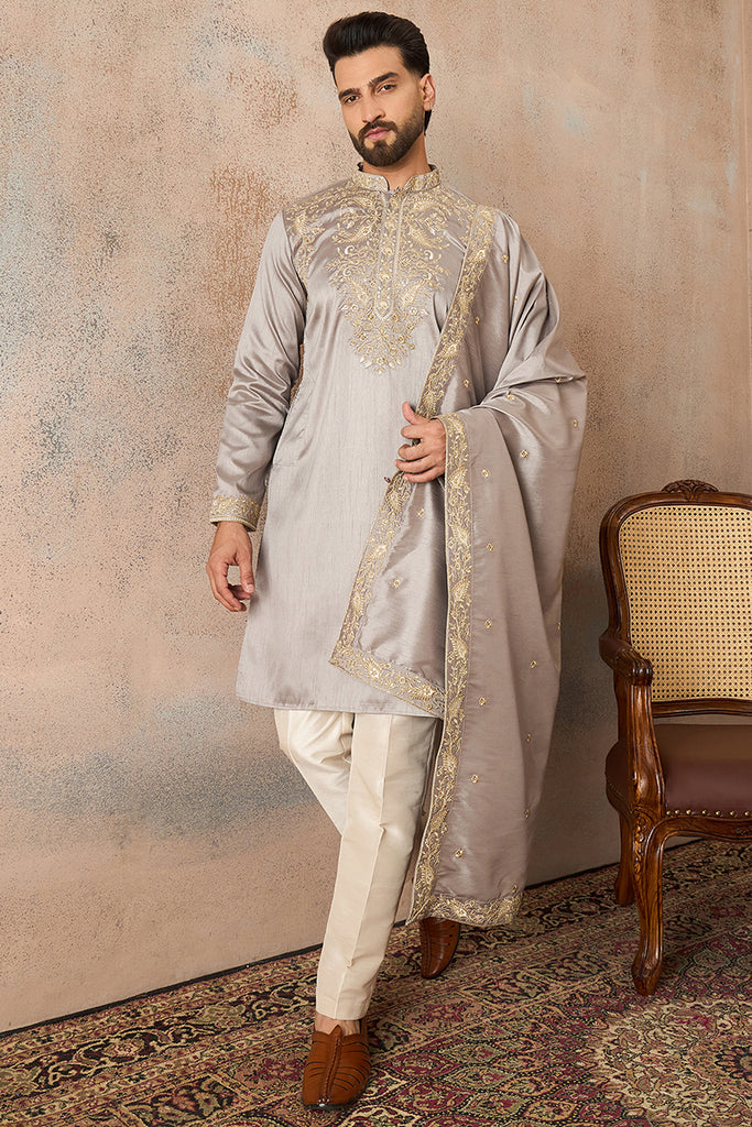 Grey Silk Blend Embroidered Ethnic Kurta with Dupatta MKUD1044