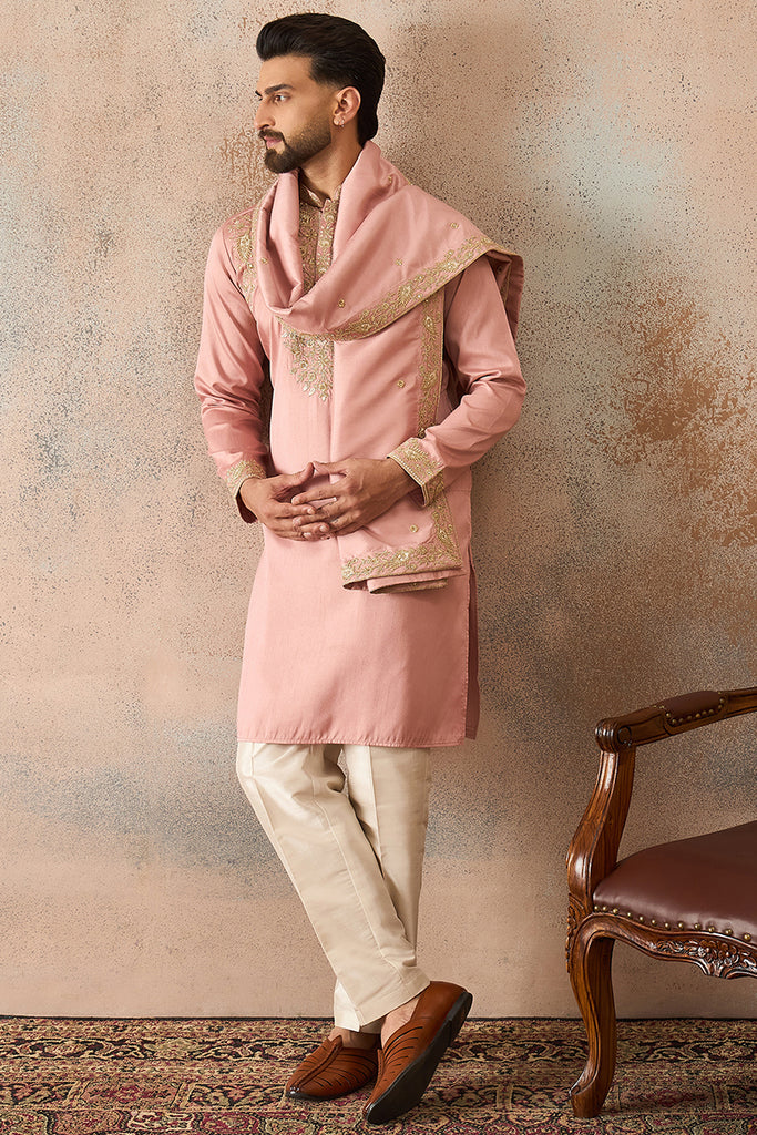 Pink Zari Embroidered Silk Blend Kurta with Dupatta MKUD1045