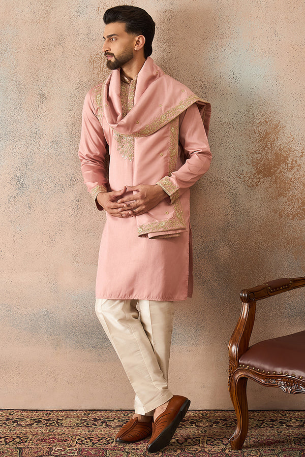 Pink Zari Embroidered Silk Blend Kurta with Dupatta MKUD1045