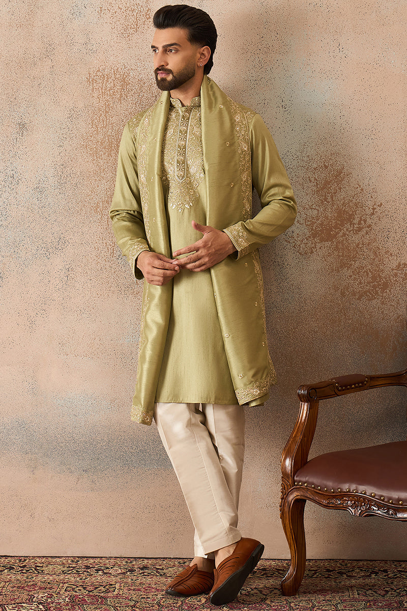 Green Zari Embroidered Silk Blend Kurta with Dupatta MKUD1046