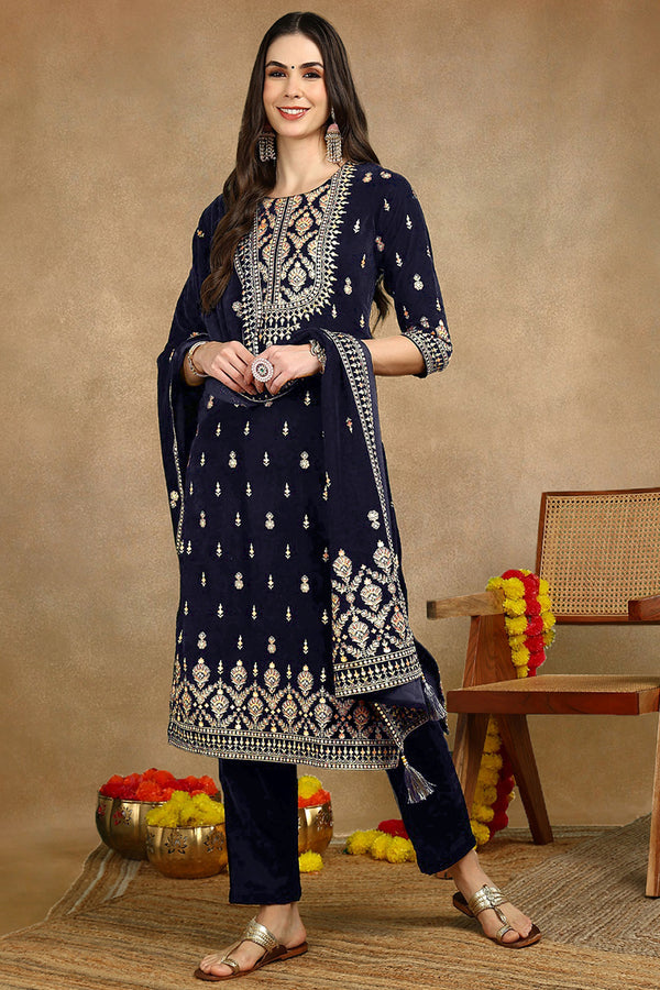 Navy Blue Velvet Ethnic Motifs Printed Straight Suit Set PKSKD2771