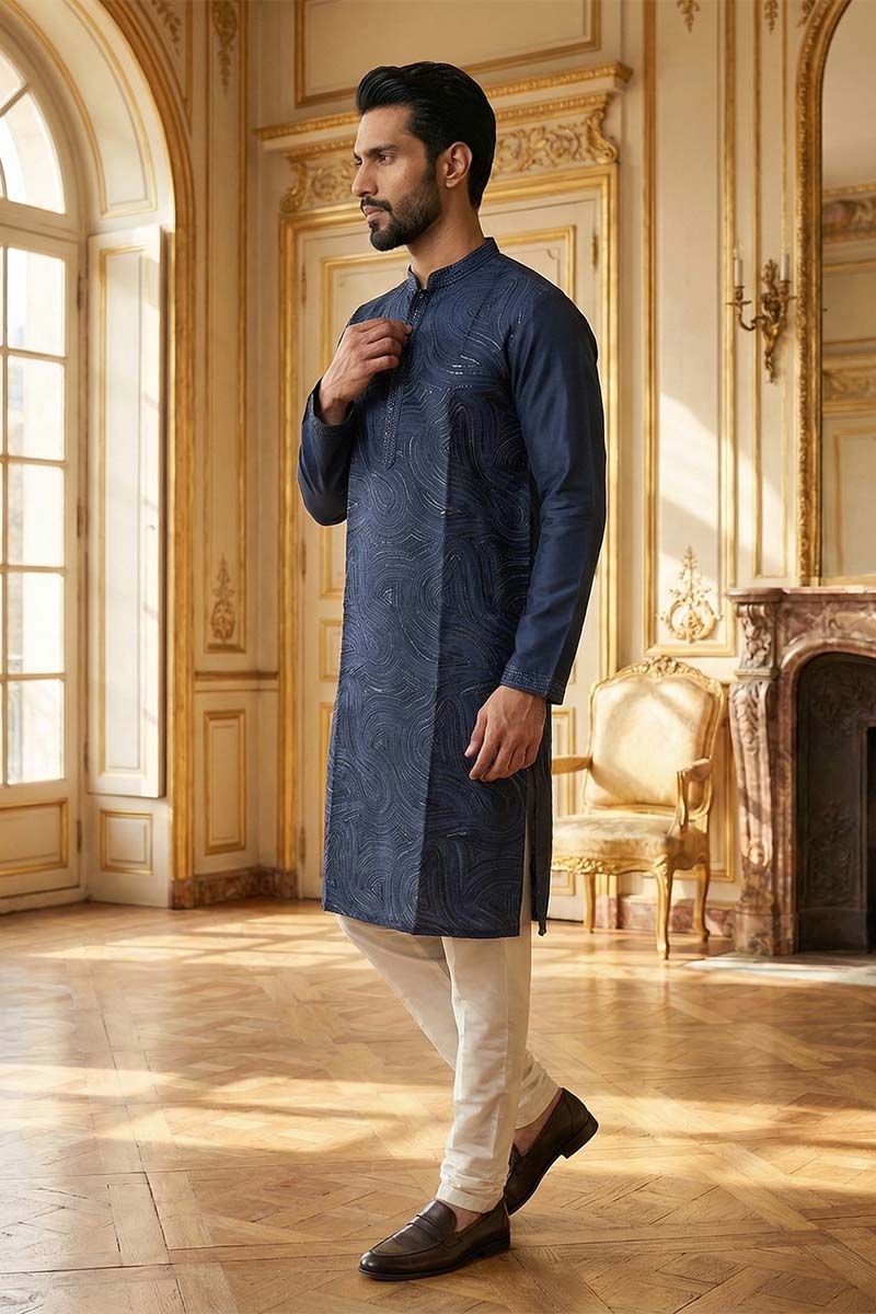 Blue Silk Blend Embroidered Straight Kurta With Trousers MKSET2124