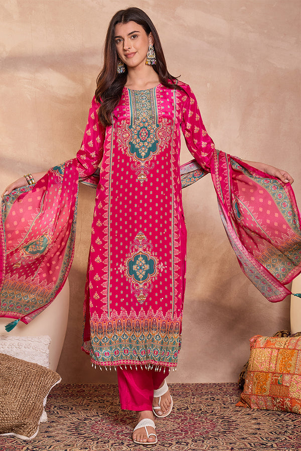 Pink Viscose Rayon Embroidered Kurta Trouser With Dupatta  HPKSKD2789