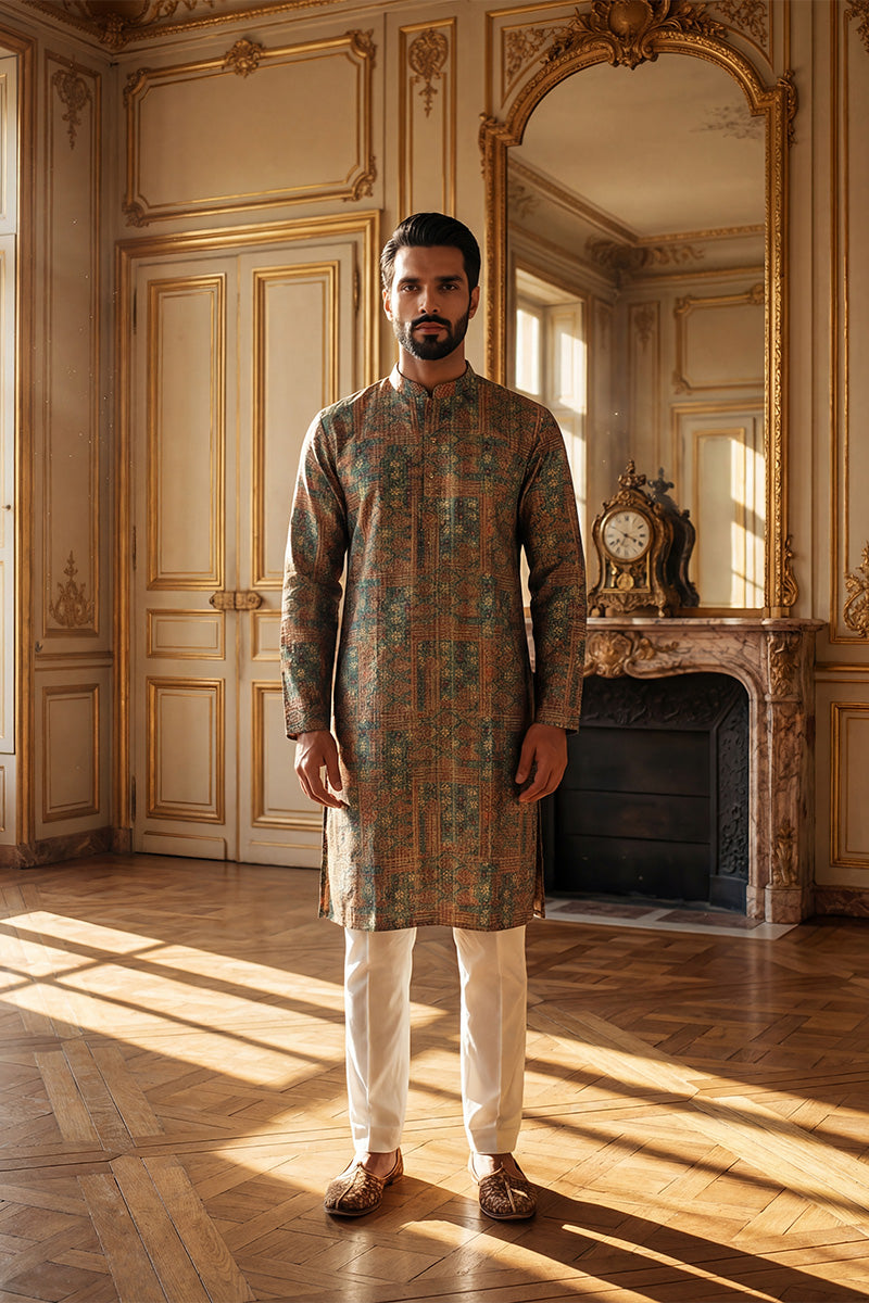 Blue Silk Blend Printed Straight Kurta With Trousers MKSET1934