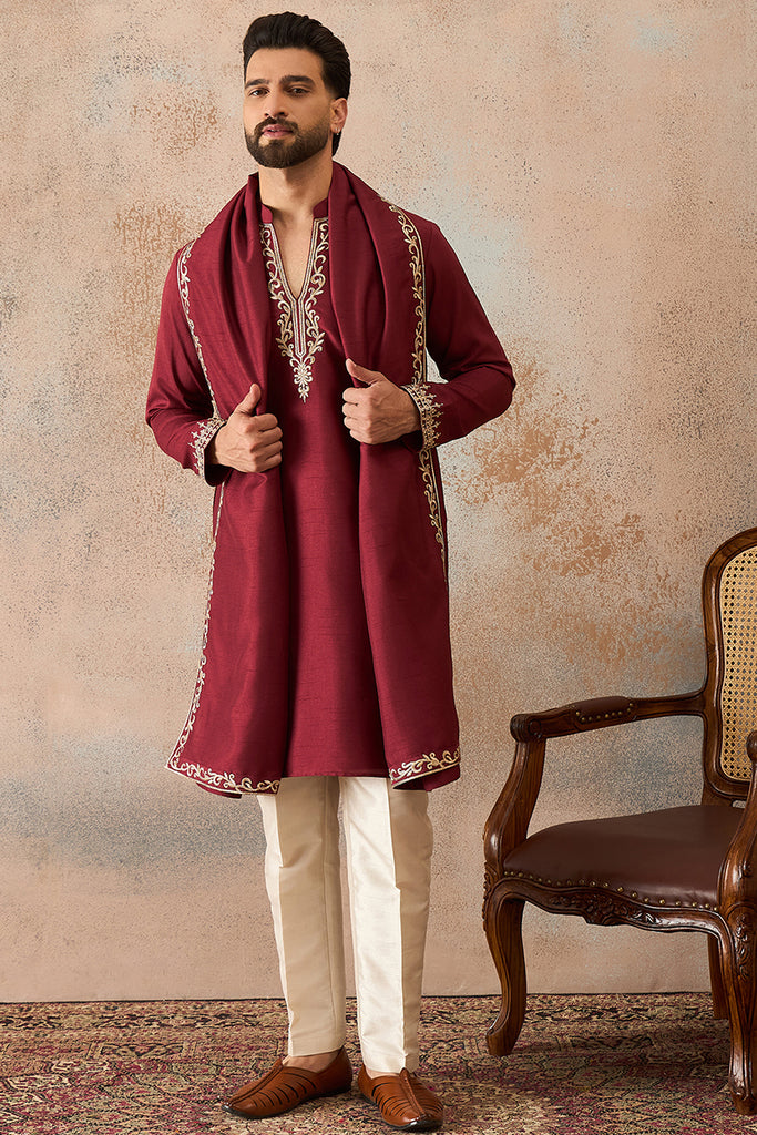Maroon Silk Blend Solid Embroidered Kurta & Trouser With Dupatta MKPD1036