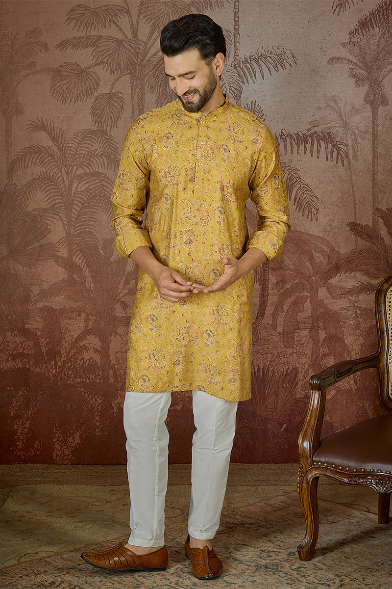 Mustard Silk Blend Ethnic Motifs Printed Kurta MKU2559