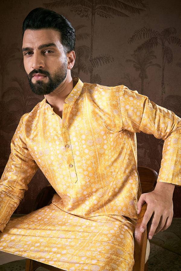 Yellow Silk Blend Floral Printed Straight Kurta MKU1948
