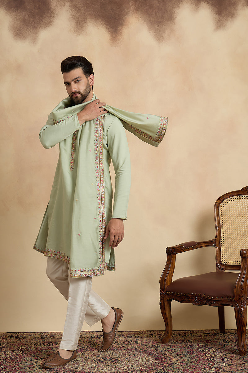 Green Silk Blend Solid Embroidered Sequins Kurta & Trouser With Dupatta MKPD1070