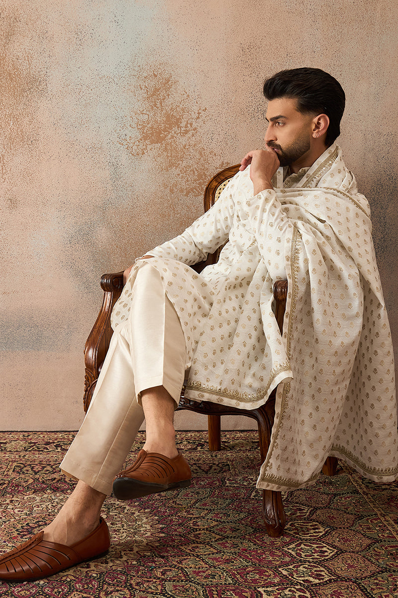 White Jacquard Woven Design Floral Straight Kurta with Dupatta MKUD1049