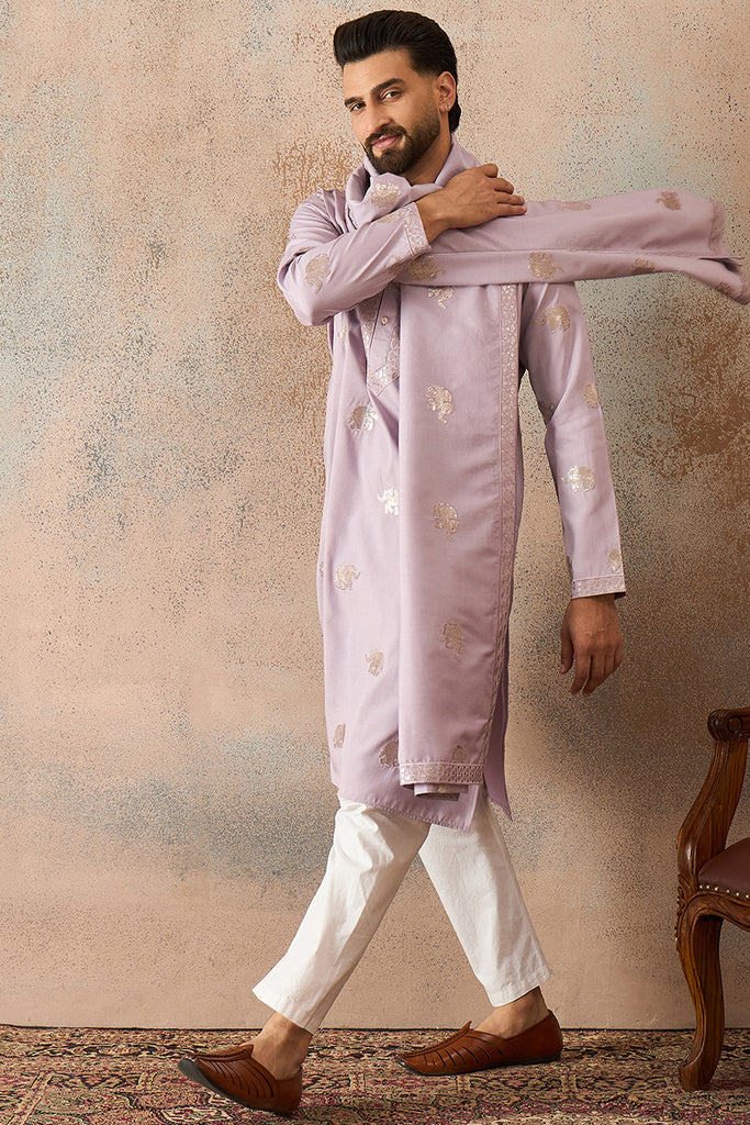 Lavender Silk Blend Solid Embroidered Kurta With Dupatta MKUD1050