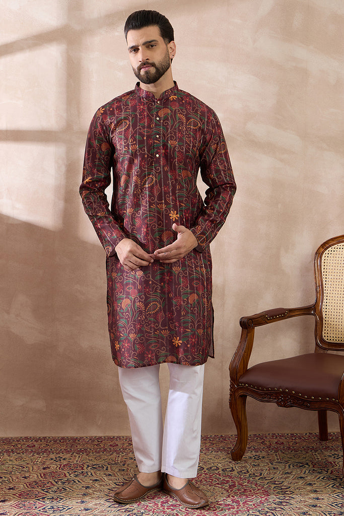 Maroon Silk Blend Printed Mandarin Collar Straight Kurta With Trouser MKSET2024