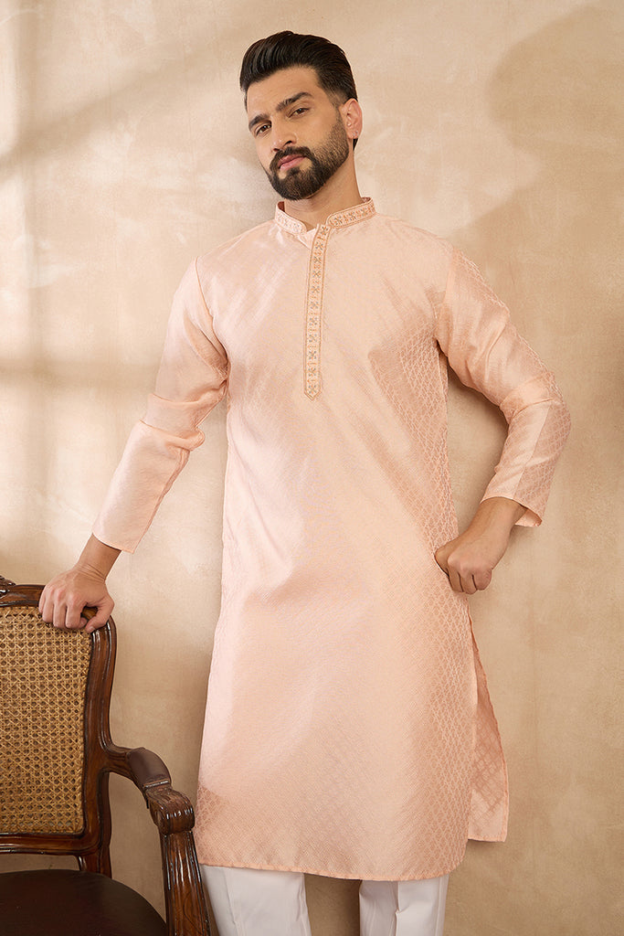Peach Polyester Solid Embroidered Straight Kurta With Trouser MKSET1836