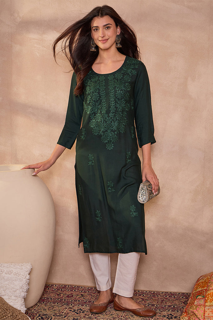 Green Viscose Rayon Emboidered Kurti VCK9797