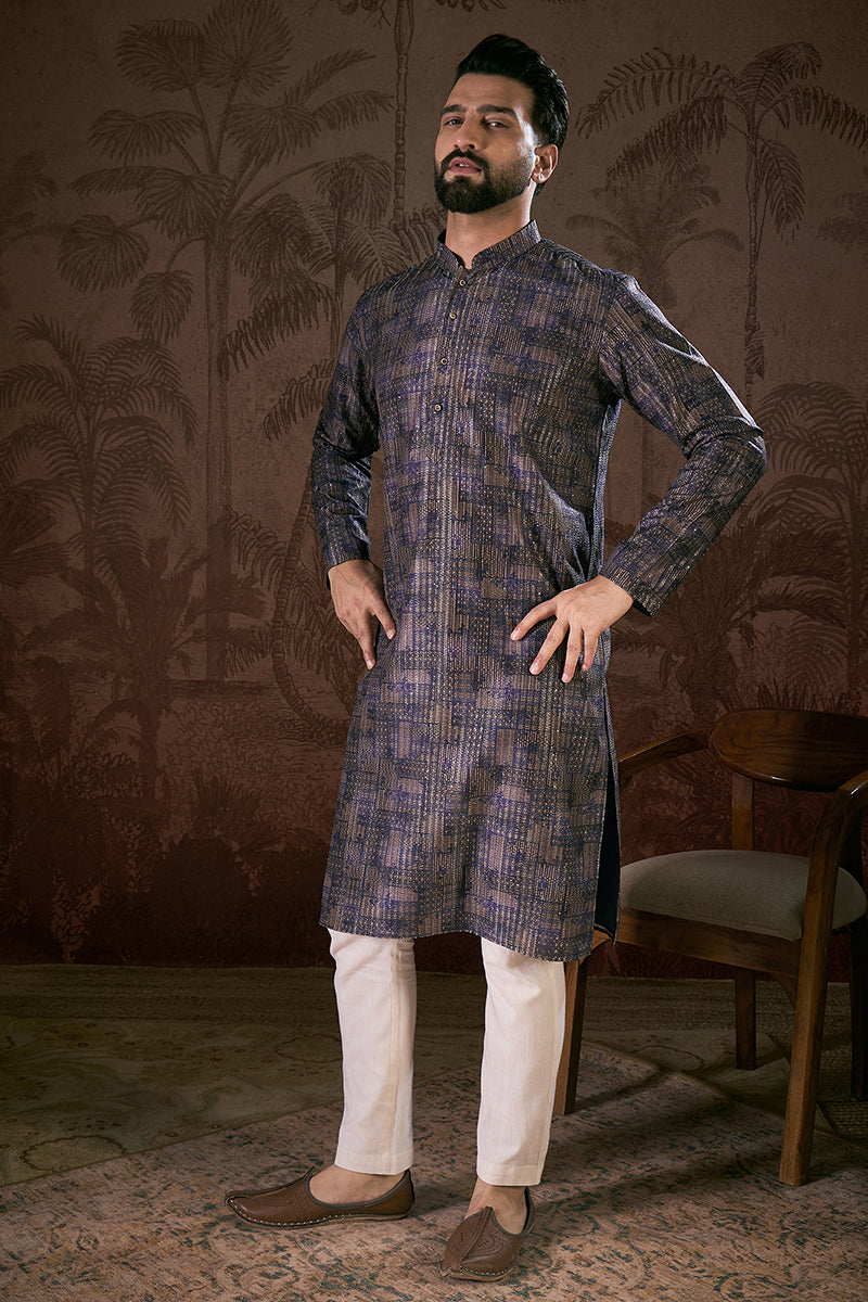 Violet Silk Blend Abstract Printed Straight Kurta With Trouser MKSET1909