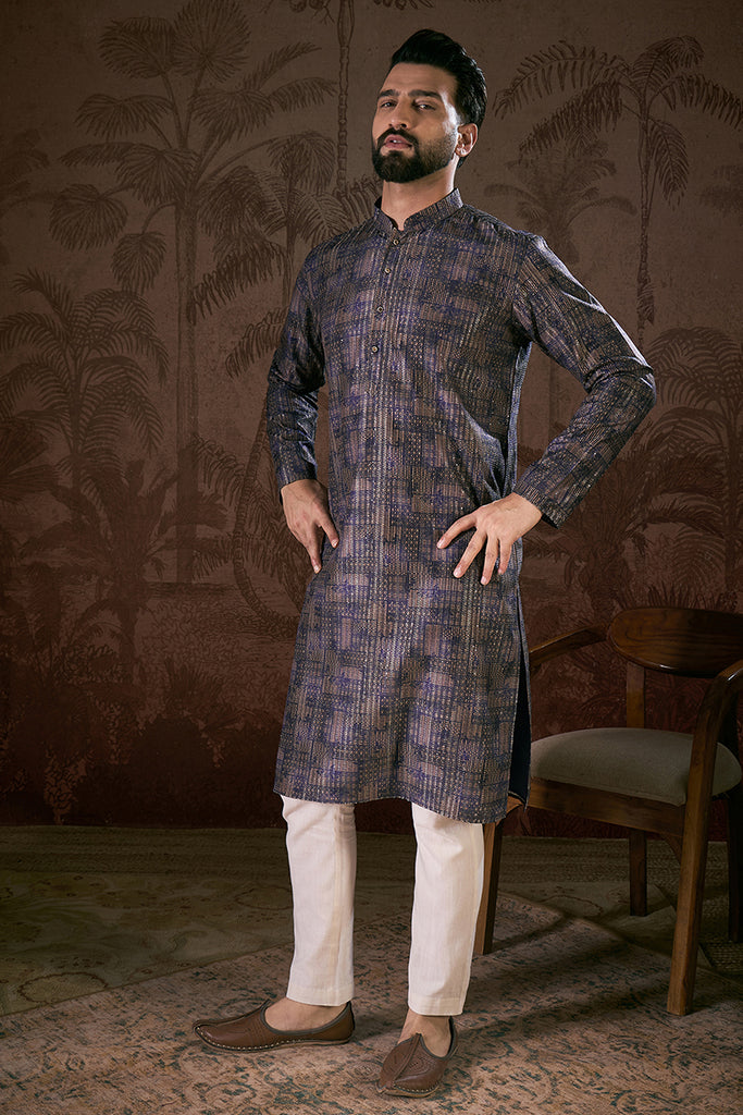 Violet Silk Blend Abstract Printed Straight Kurta With Trouser MKSET1909