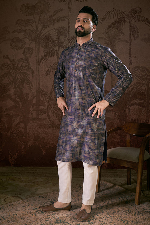 Violet Silk Blend Abstract Printed Straight Kurta With Trouser MKSET1909