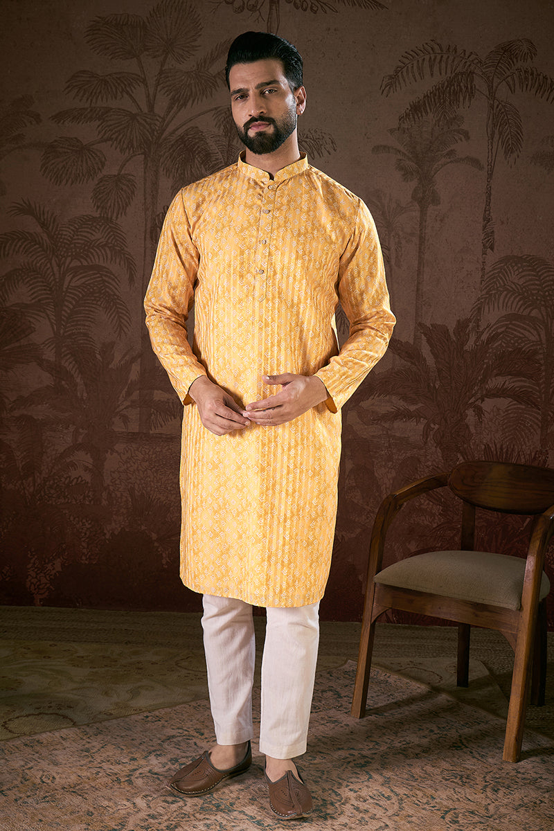 Yellow Silk Blend Ethnic Motifs Printed Straight Kurta MKU1949