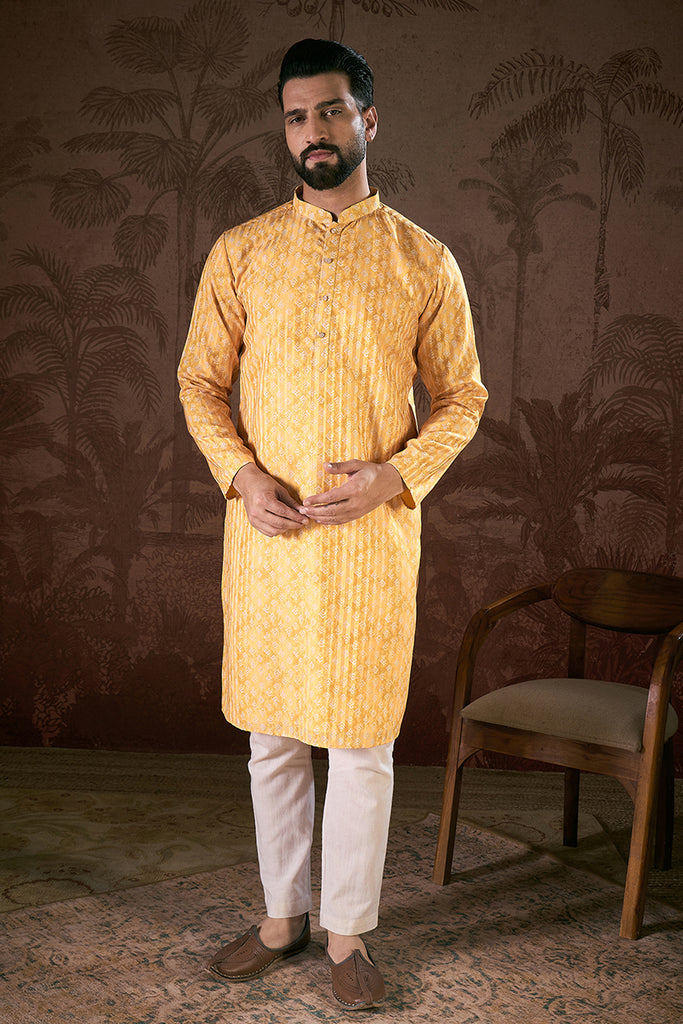 Yellow Silk Blend Ethnic Motifs Printed Straight Kurta MKU1949