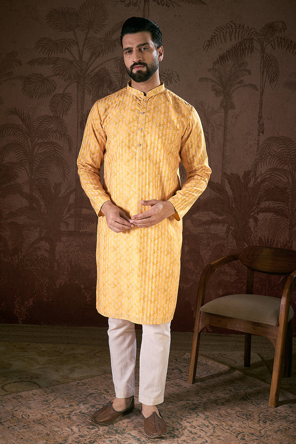 Yellow Silk Blend Ethnic Motifs Printed Straight Kurta MKU1949