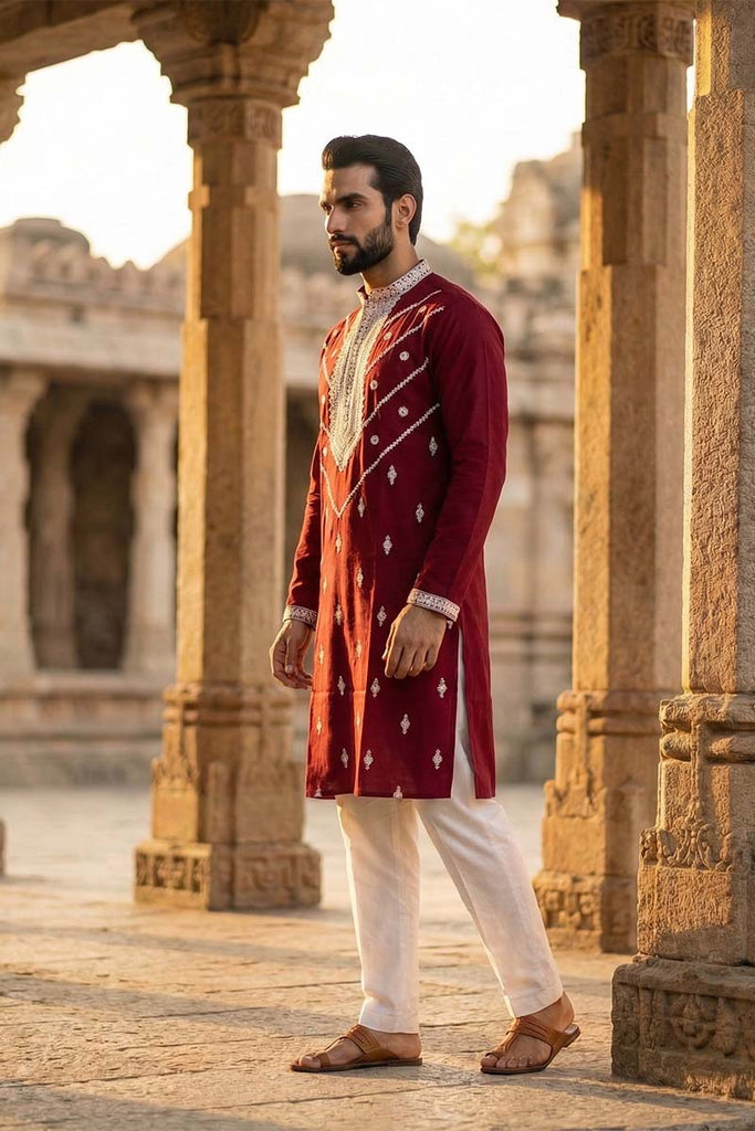 Maroon Silk Blend Embroidered Straight Kurta With Trousers MKSET2048