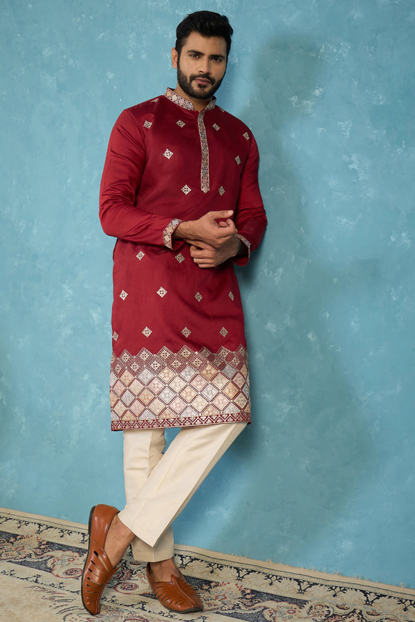 Silk Blend Maroon Solid Embroidered Calf Length Straight Kurta MKU2100