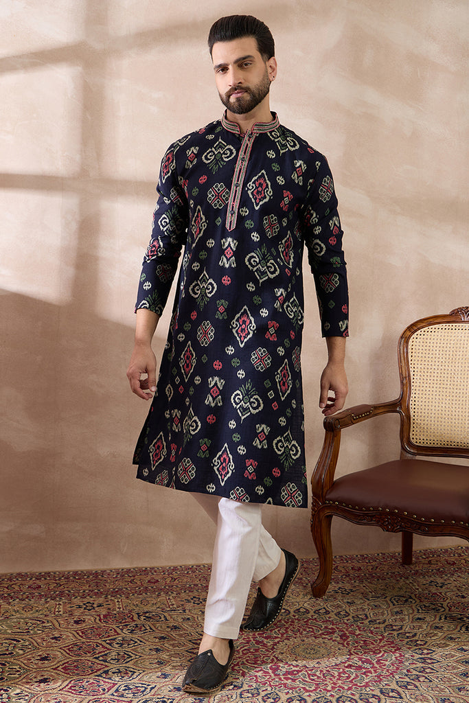 Blue Silk Blend Printed Mandarin Collar Straight Kurta With Trouser MKSET1987