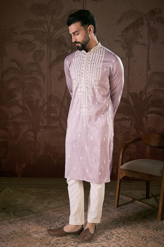 Lavender Silk Blend Solid Embroidered Straight Kurta With Trouser MKSET1880