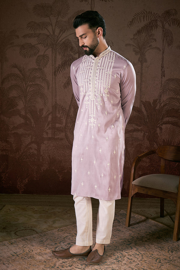 Lavender Silk Blend Solid Embroidered Straight Kurta With Trouser MKSET1880