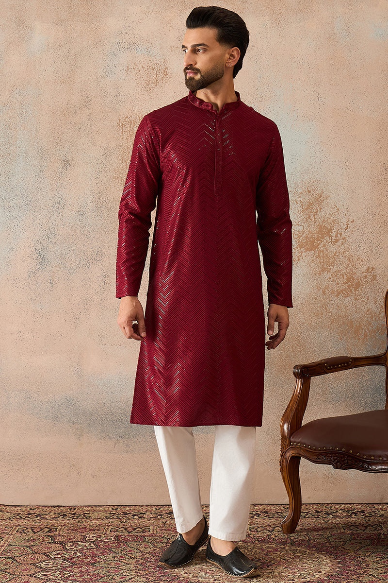 Maroon Rayon Embroidered Solid Straight Kurta With Trousers MKSET2188