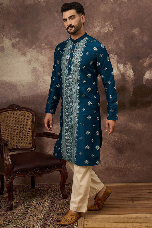 Blue Silk Blend Solid Embroidered Straight Kurta With Pant Set MKSET1371