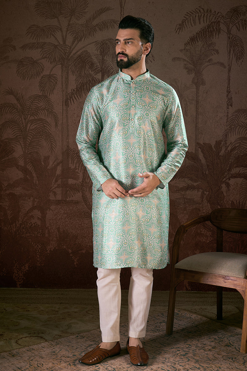 Turquoise Blue Silk Blend Abstract Printed Straight Kurta MKU1967