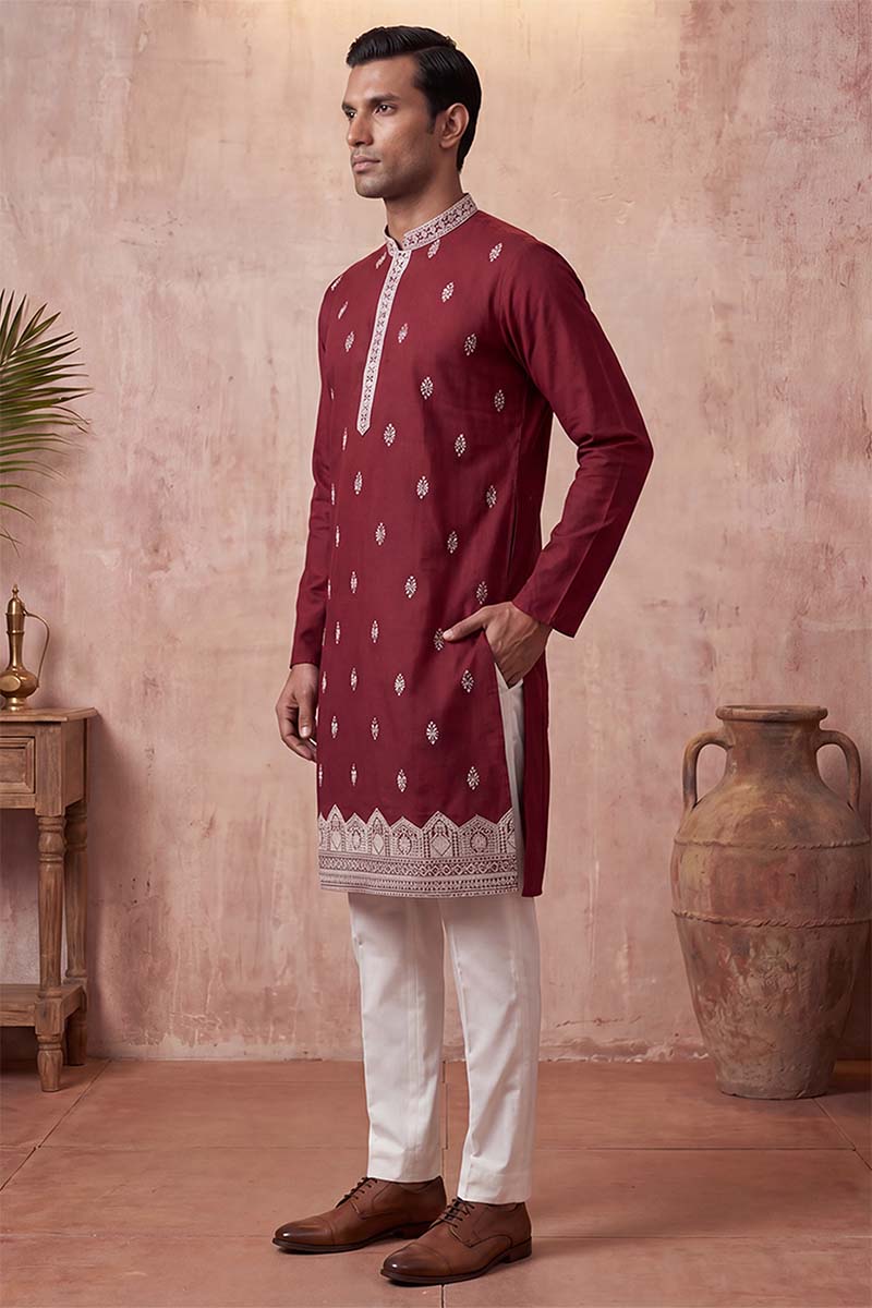 Silk Blend Maroon Solid Embroidered Calf Length Straight Kurta With Trousers MKSET2270