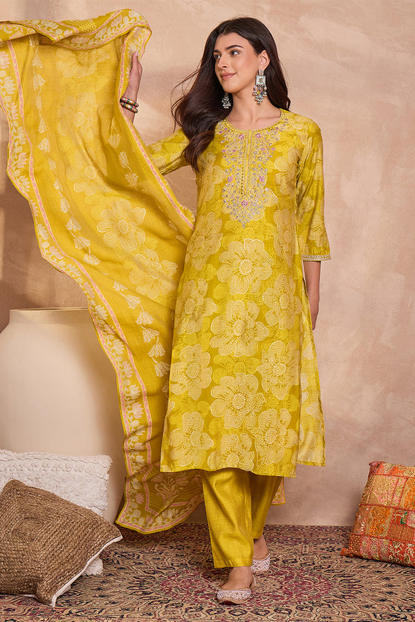 Yellow Poly Silk Floral Printed Straight Kurta Trouser With Dupatta VKSKD3209