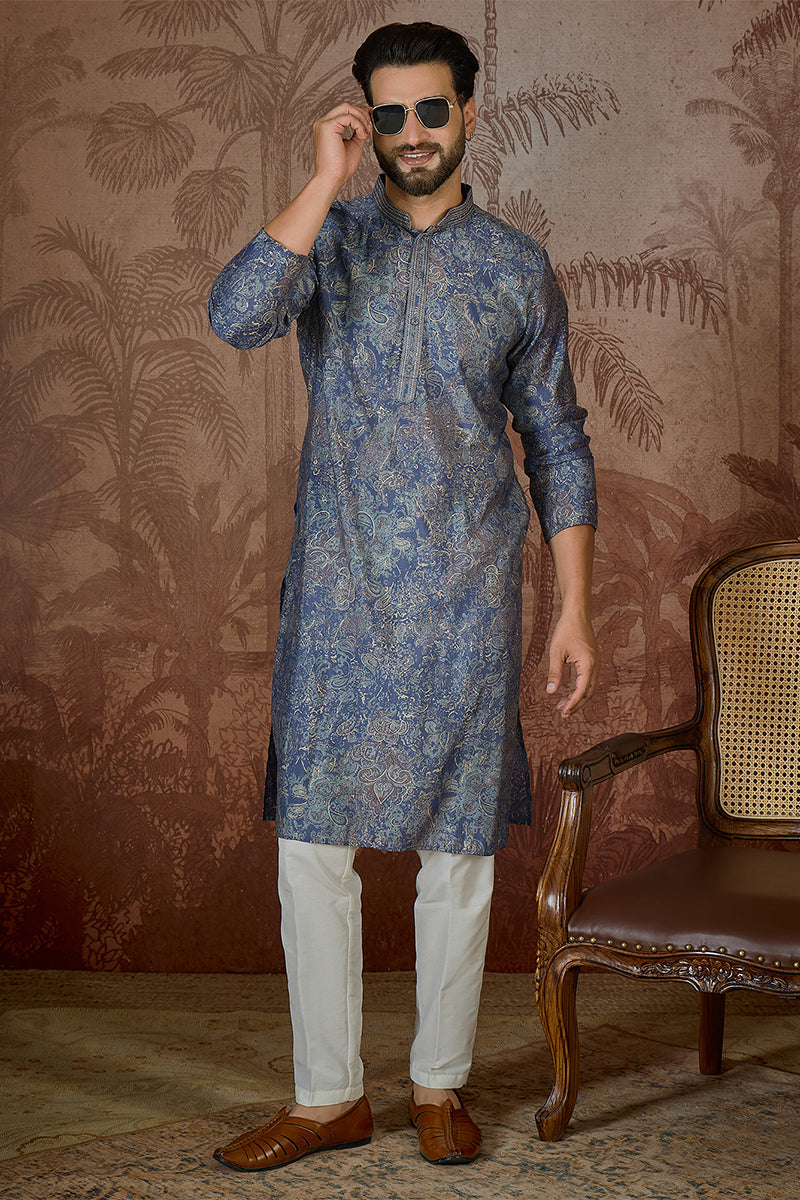 Blue Silk Blend Floral Embroidered Kurta With Trouser MKSET2504