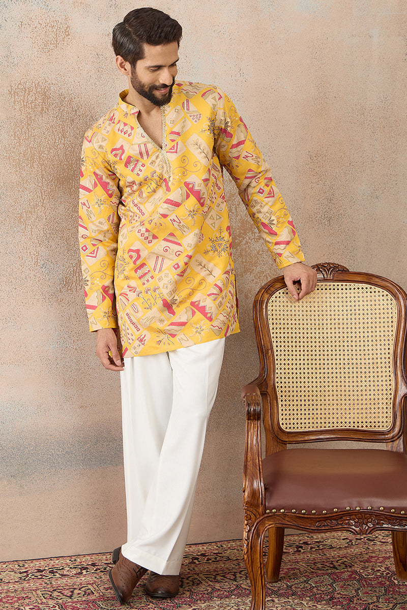 Yellow Silk Blend Ethnic Motifs Embroidered Kurta With Trouser MKSET2455