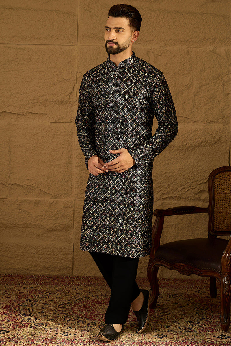 Black Viscose Rayon Geometric Printed Straight Kurta MKU1608