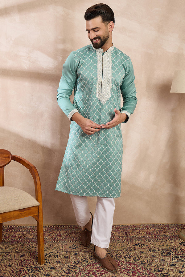 Teal Silk Blend Geometric Embroidered Straight Kurta MKU1693