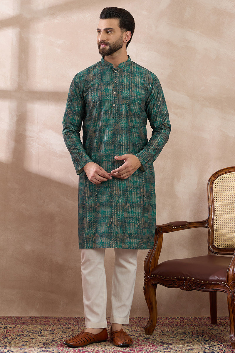 Green Silk Blend Printed Mandarin Collar Straight Kurta MKU2021