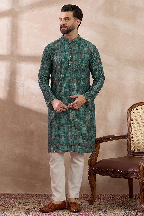 Green Silk Blend Printed Mandarin Collar Straight Kurta MKU2021