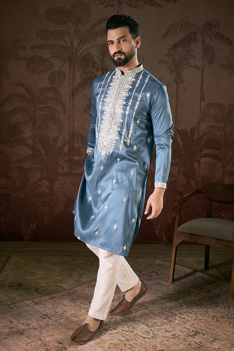 Blue Silk Blend Solid Embroidered Straight Kurta MKU1881