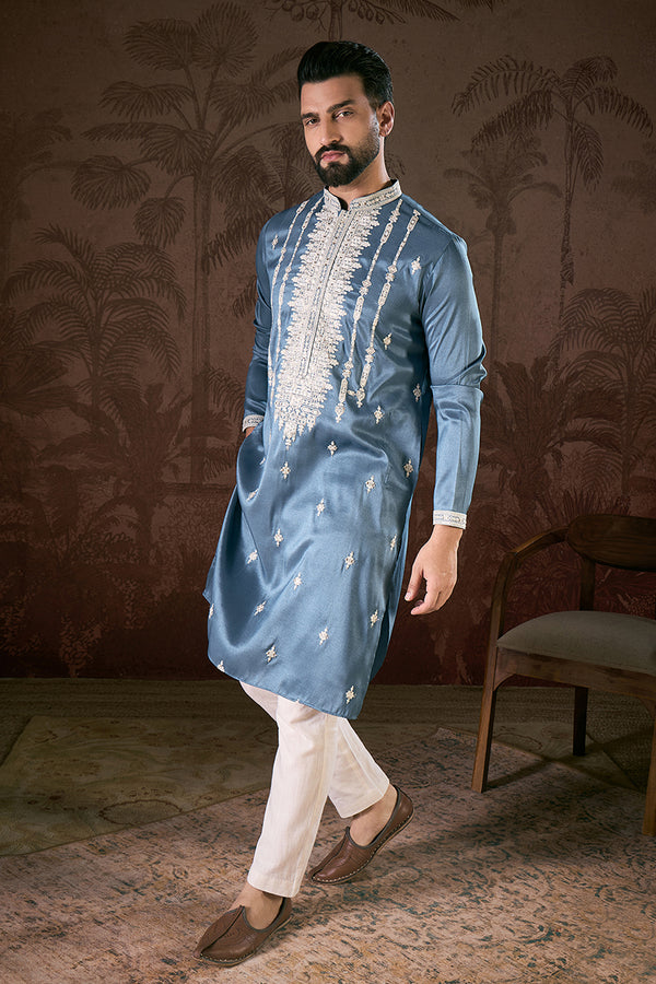 Blue Silk Blend Solid Embroidered Straight Kurta MKU1881