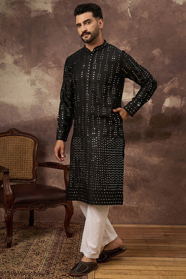 Black Silk Blend Solid Embroidered Straight Kurta With Pant Set MKSET1360