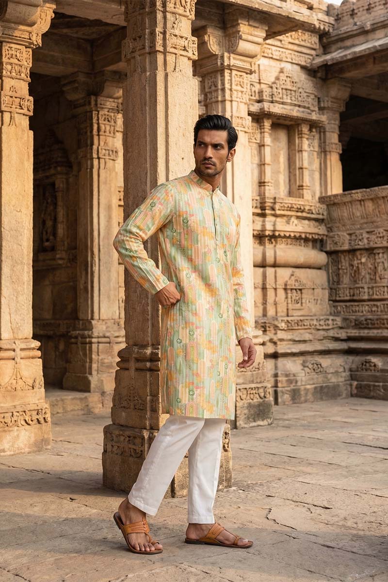 Green Silk Blend Printed Straight Kurta With Trousers MKSET2118