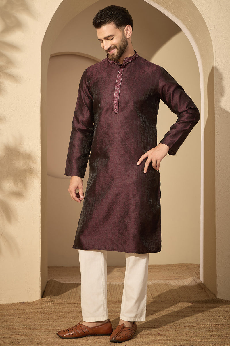 Purple Jacquard Solid Embroidered Mandarin Collar Kurta With Trouser MKSET2753