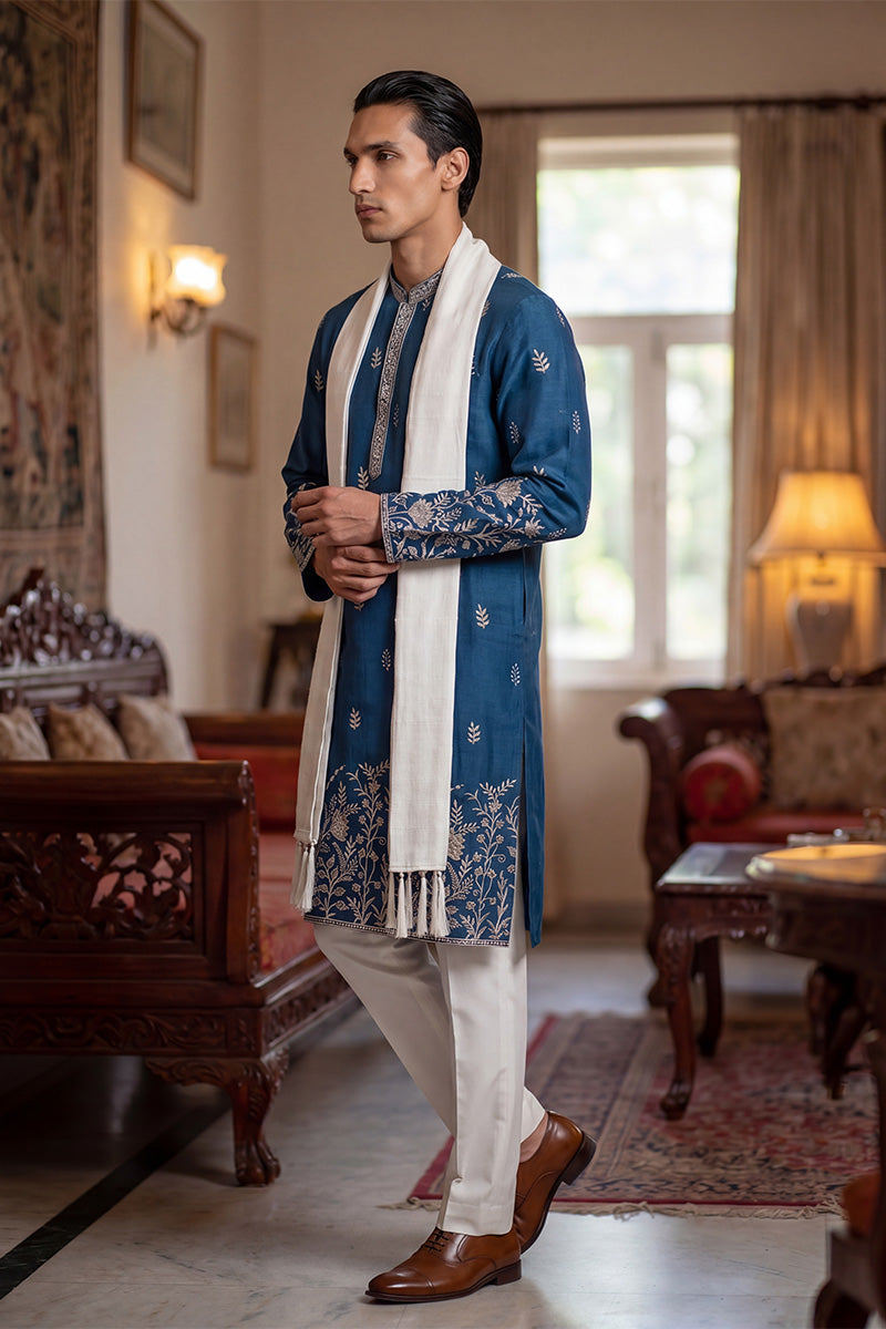 Blue Chanderi Silk Solid Embroidered Straight Kurta with Dupatta MKUD1315