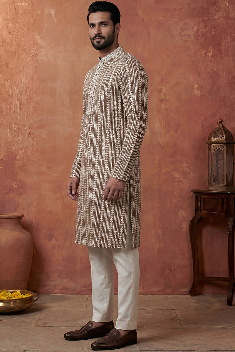 Brown Viscose Rayon Embroidered Kurta With Trousers MKSET2178