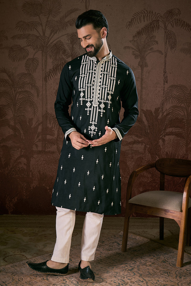 Black Silk Blend Solid Embroidered Straight Kurta With Trouser MKSET1885