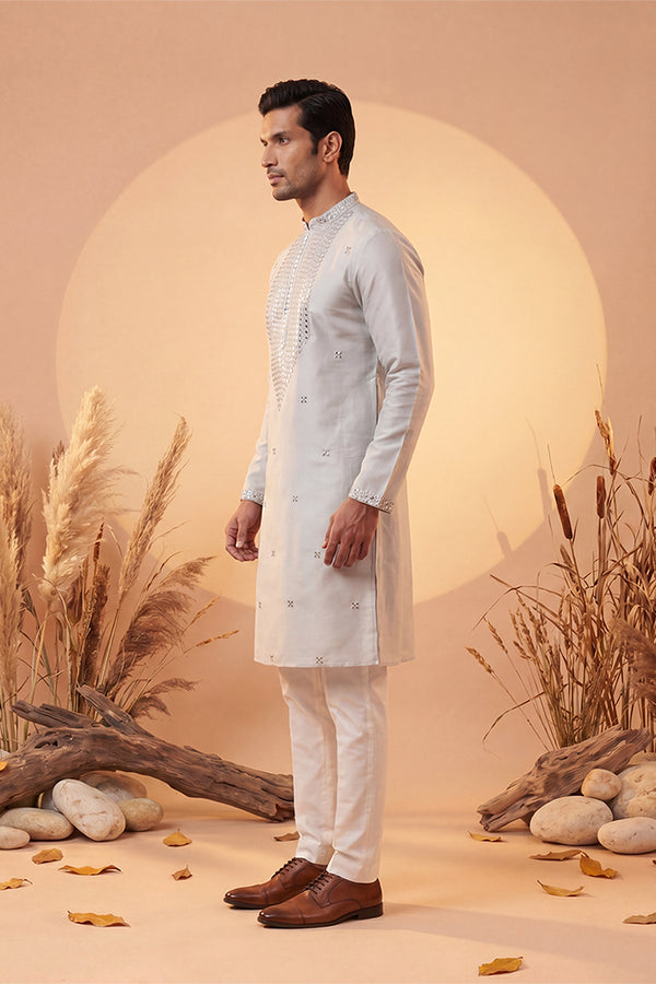 Grey Silk Blend Solid Emboidered Sequins Kurta MKU2280