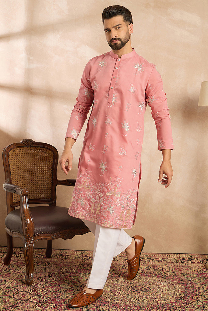 Pink Cotton Solid Embroidered Straight Kurta With Trouser MKSET1677