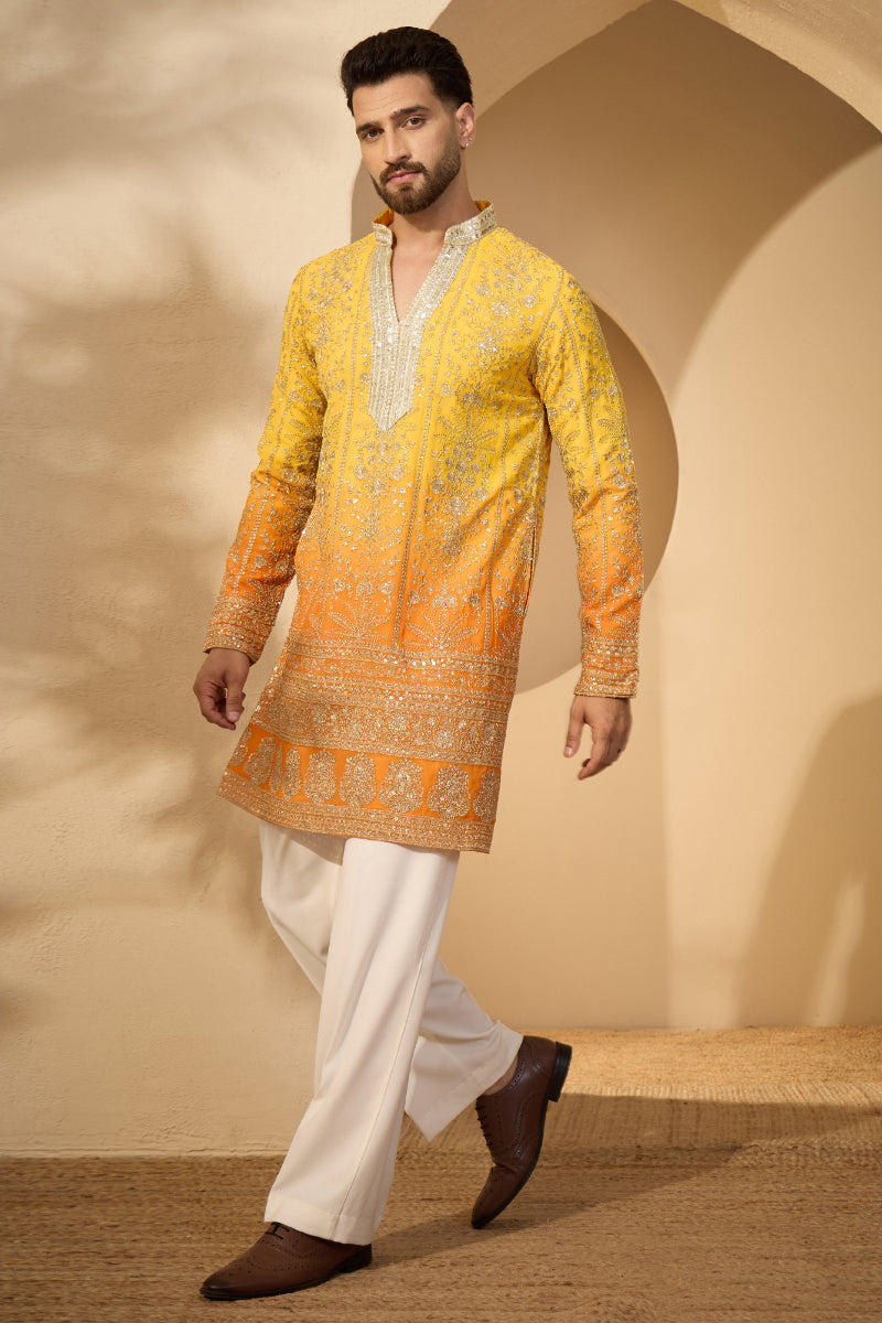 Yellow Georgette Solid Embroidered V-Neck Kurta With Trouser MKSET2585